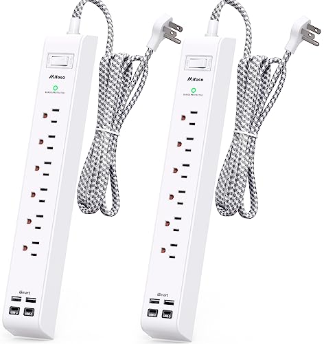 2 Pack Extension Cord 10ft Power Strip - Surge Protector with 6 Outlets 4 USB Charging Ports, Flat Plug, Overload Protection, Wall Mount for Home Office, Dorm Room Essentials